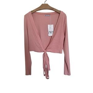 Zara Pink Tied Cropped Sweater, Size Large, Chic Wrap